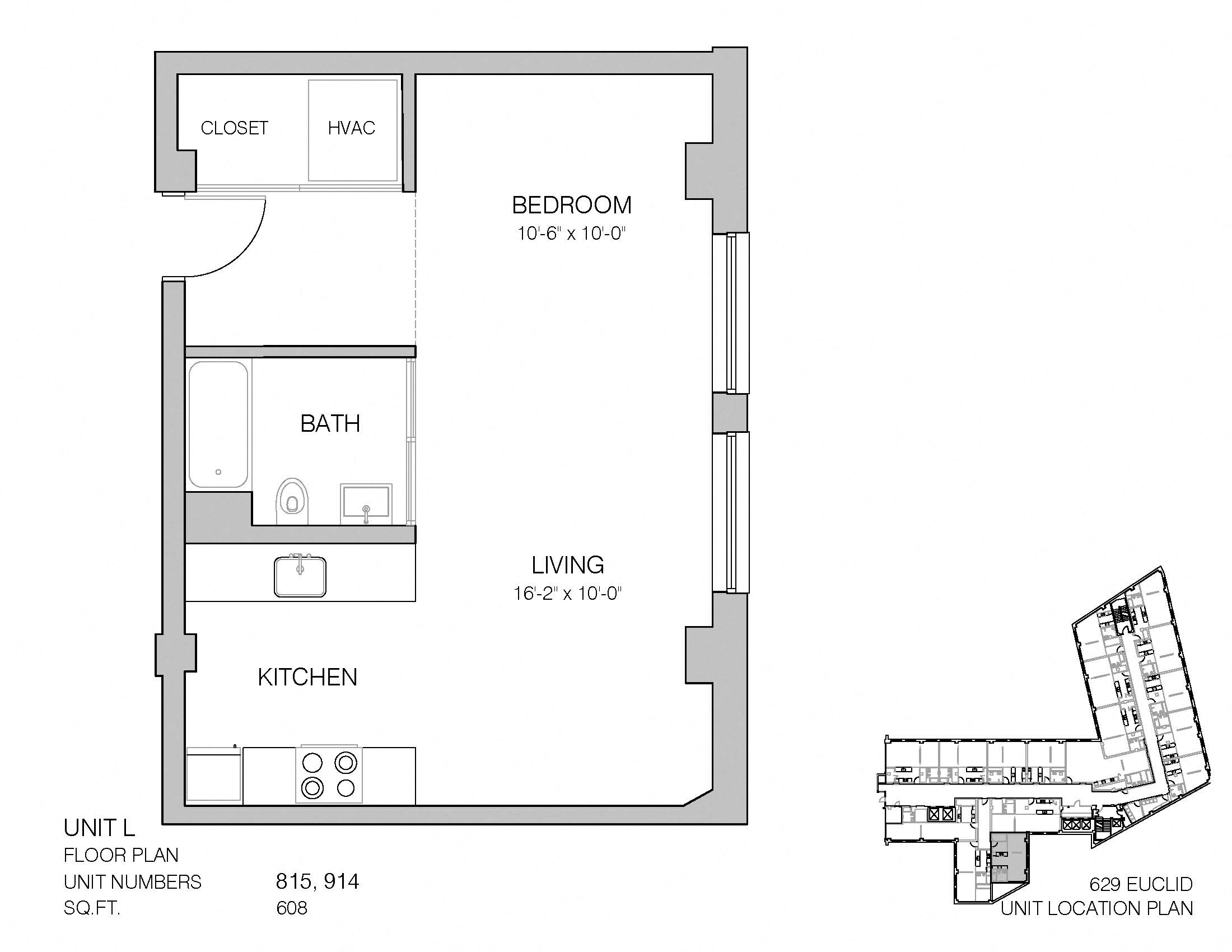 Floor plan for studio, 1 bath, 608 sqft